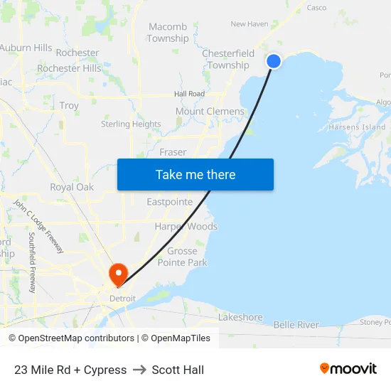23 Mile Rd + Cypress to Scott Hall map