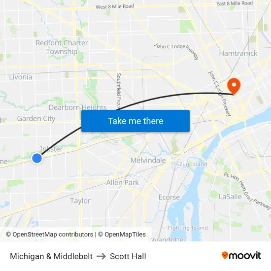 Michigan & Middlebelt to Scott Hall map