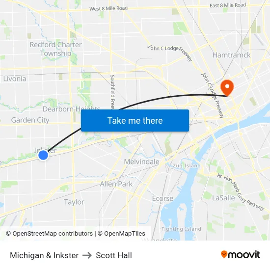 Michigan & Inkster to Scott Hall map