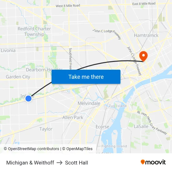 Michigan & Weithoff to Scott Hall map