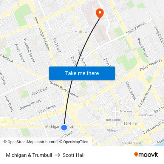 Michigan & Trumbull to Scott Hall map