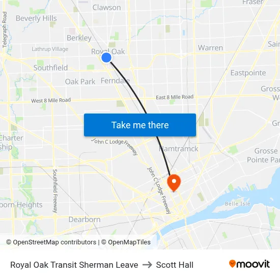 Royal Oak Transit Sherman Leave to Scott Hall map