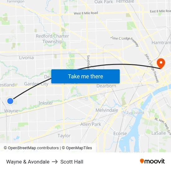 Wayne & Avondale to Scott Hall map