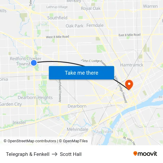 Telegraph & Fenkell to Scott Hall map