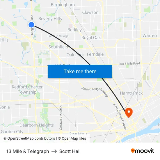 13 Mile & Telegraph to Scott Hall map