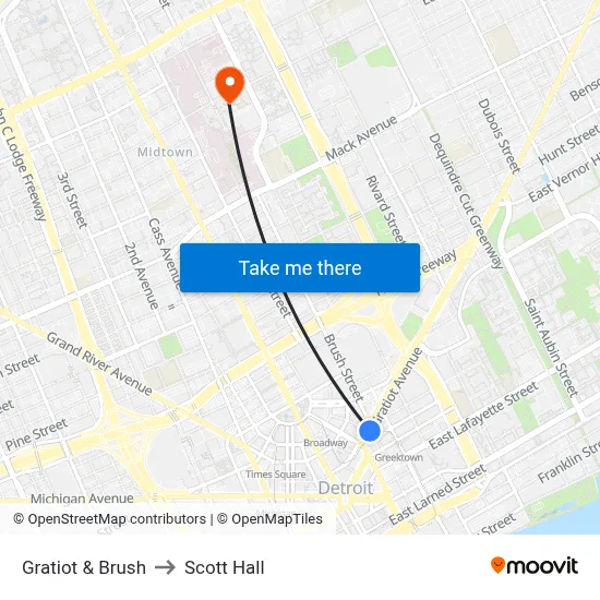 Gratiot & Brush to Scott Hall map