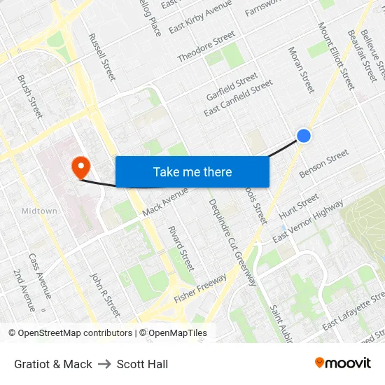 Gratiot & Mack to Scott Hall map