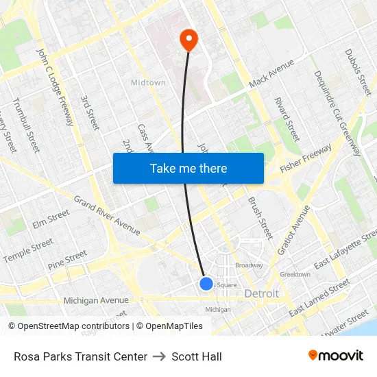 Rosa Parks Transit Center to Scott Hall map