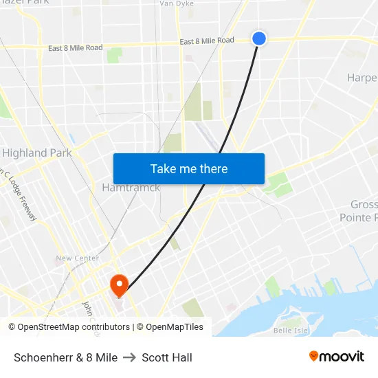 Schoenherr & 8 Mile to Scott Hall map