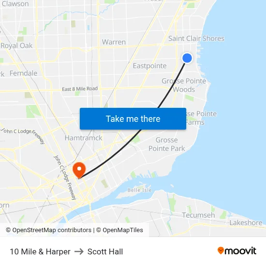10 Mile & Harper to Scott Hall map