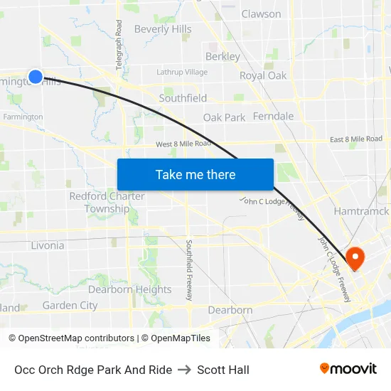 Occ Orch Rdge Park And Ride to Scott Hall map