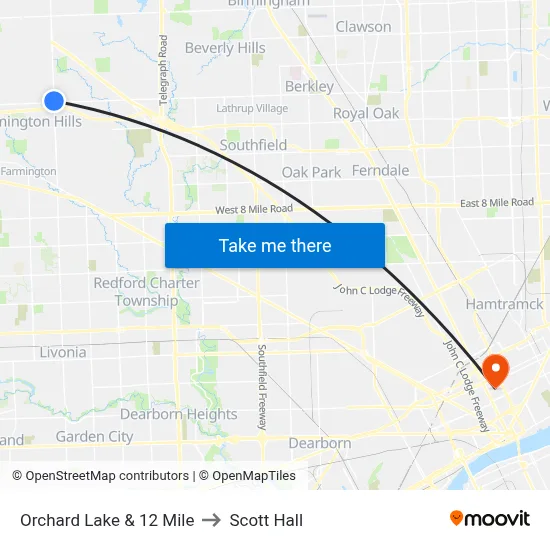 Orchard Lake & 12 Mile to Scott Hall map