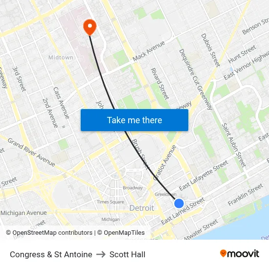 Congress & St Antoine to Scott Hall map