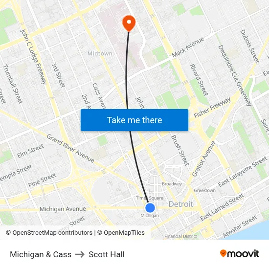 Michigan & Cass to Scott Hall map