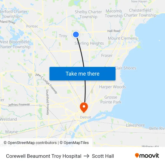 Corewell Beaumont Troy Hospital to Scott Hall map