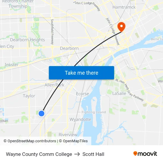 Wayne County Comm College to Scott Hall map