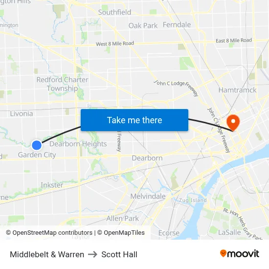 Middlebelt & Warren to Scott Hall map