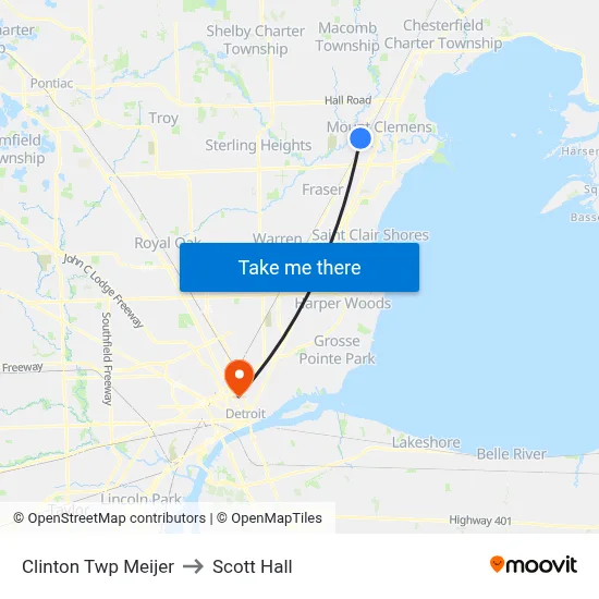 Clinton Twp Meijer to Scott Hall map