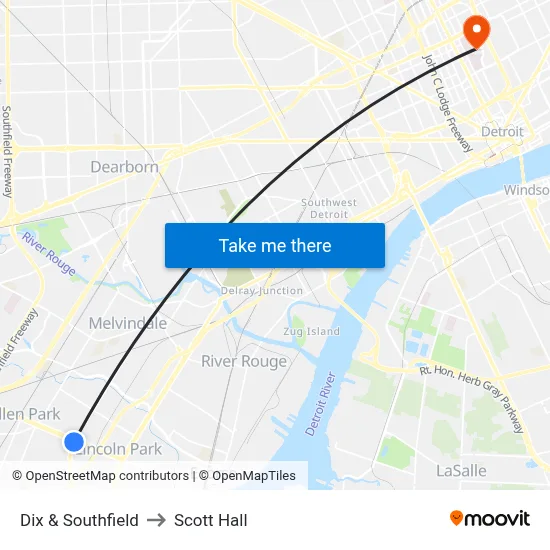 Dix & Southfield to Scott Hall map