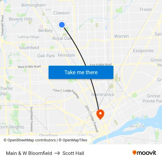 Main & W Bloomfield to Scott Hall map