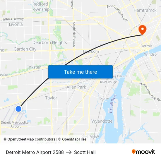 Detroit Metro Airport 2588 to Scott Hall map