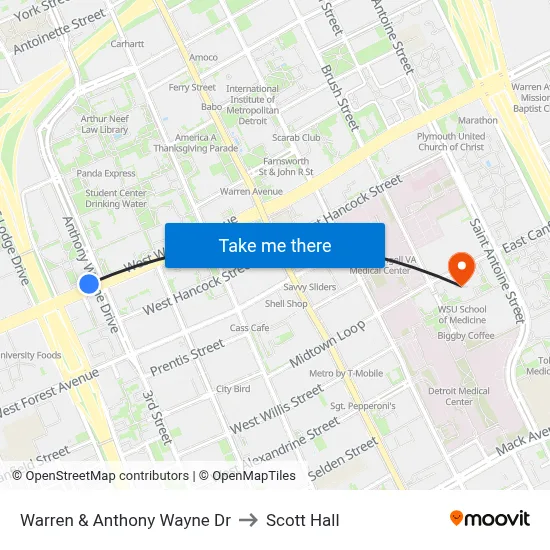 Warren & Anthony Wayne Dr to Scott Hall map