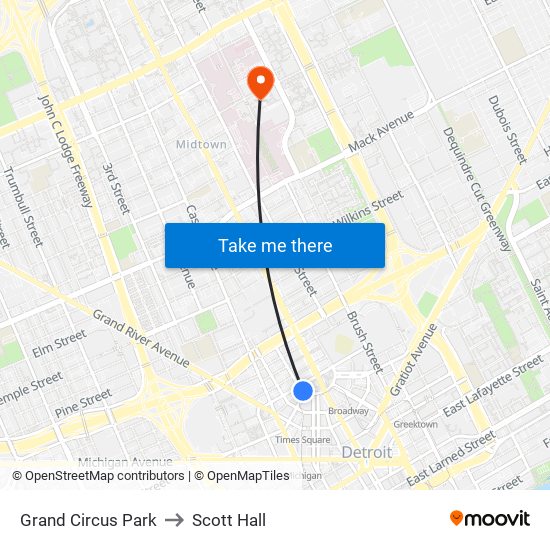 Grand Circus Park to Scott Hall map