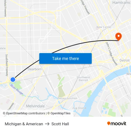 Michigan & American to Scott Hall map
