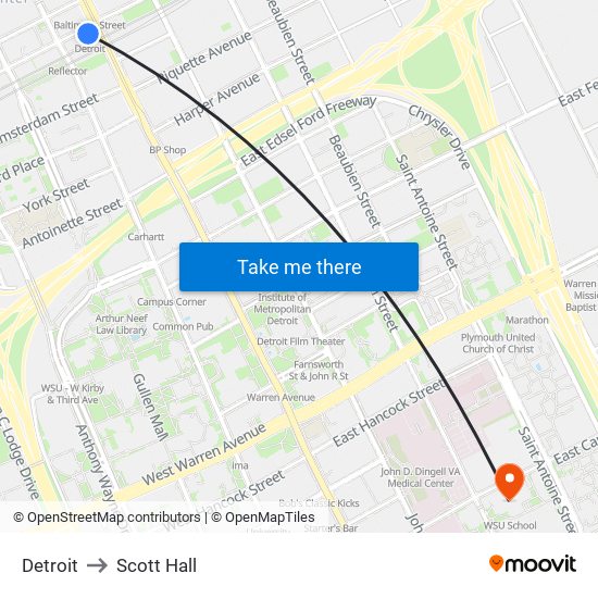 Detroit to Scott Hall map