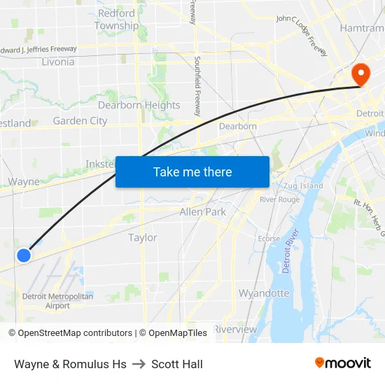 Wayne & Romulus Hs to Scott Hall map
