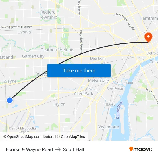 Ecorse & Wayne to Scott Hall map