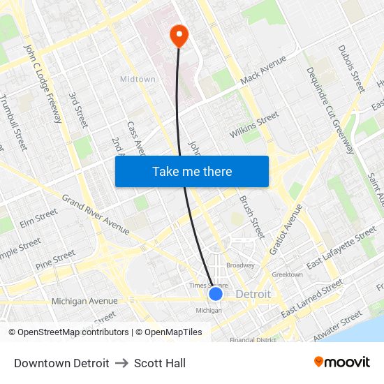 Downtown Detroit to Scott Hall map