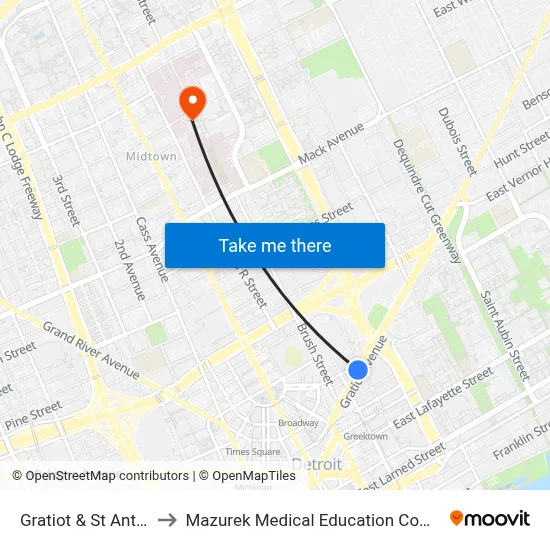 Gratiot & St Antoine to Mazurek Medical Education Commons map