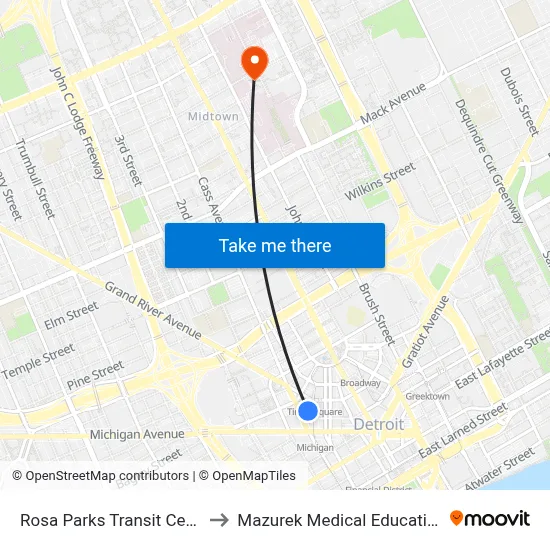 Rosa Parks Transit Center - Bay 14 to Mazurek Medical Education Commons map