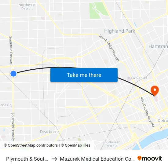 Plymouth & Southfield to Mazurek Medical Education Commons map