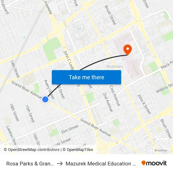 Rosa Parks & Grand River to Mazurek Medical Education Commons map