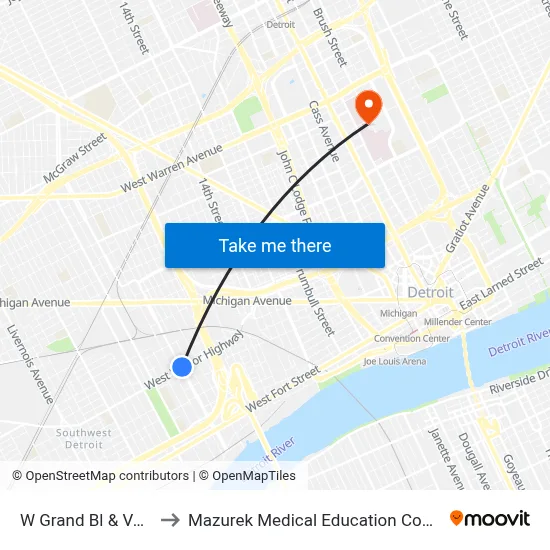 W Grand Bl & Vernor to Mazurek Medical Education Commons map