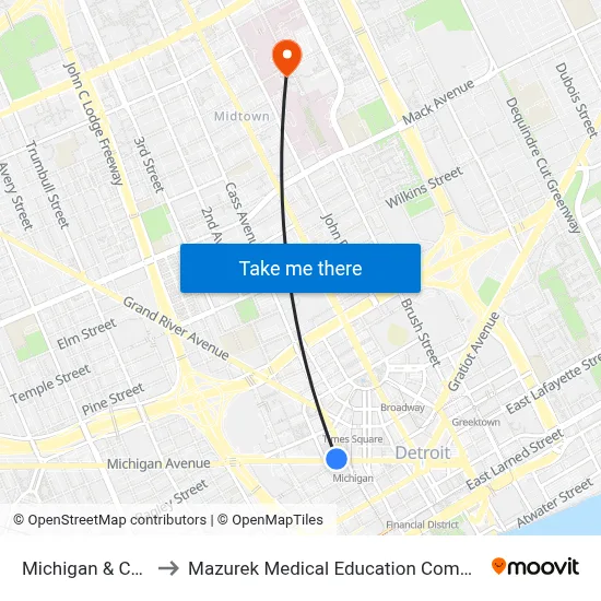 Michigan & Cass to Mazurek Medical Education Commons map