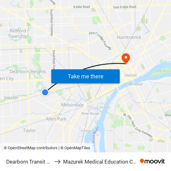 Dearborn Transit Center to Mazurek Medical Education Commons map