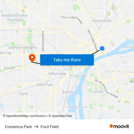 Comerica Park to Ford Field map