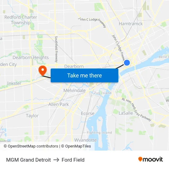 MGM Grand Detroit to Ford Field map