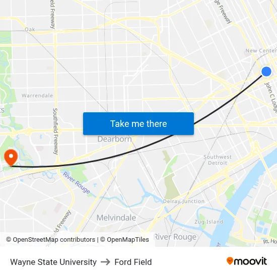 Wayne State University to Ford Field map