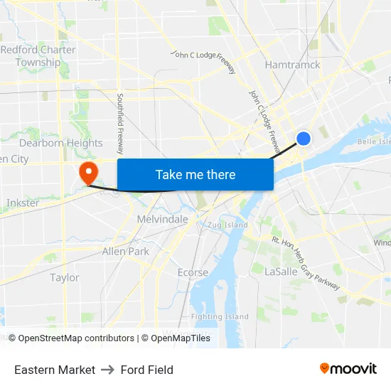Eastern Market to Ford Field map