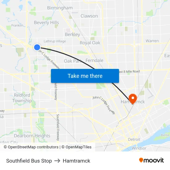 Southfield Bus Stop to Hamtramck map