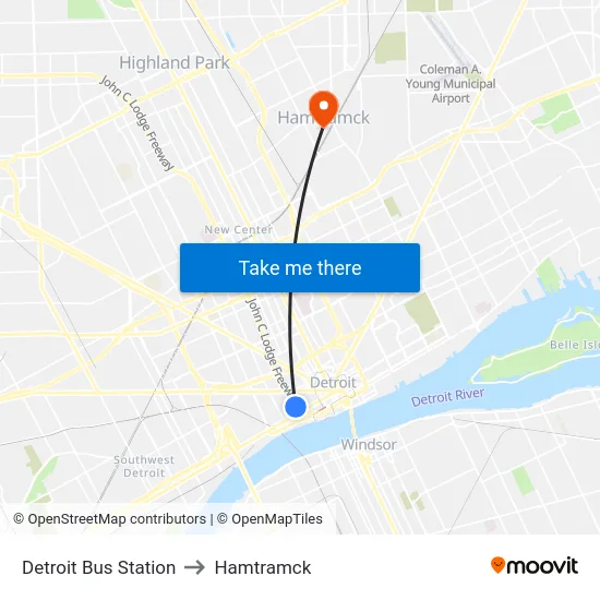 Detroit Bus Station to Hamtramck map