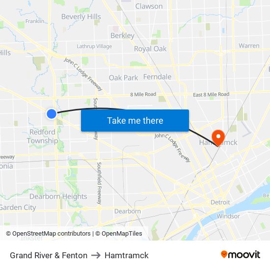 Grand River & Fenton to Hamtramck map