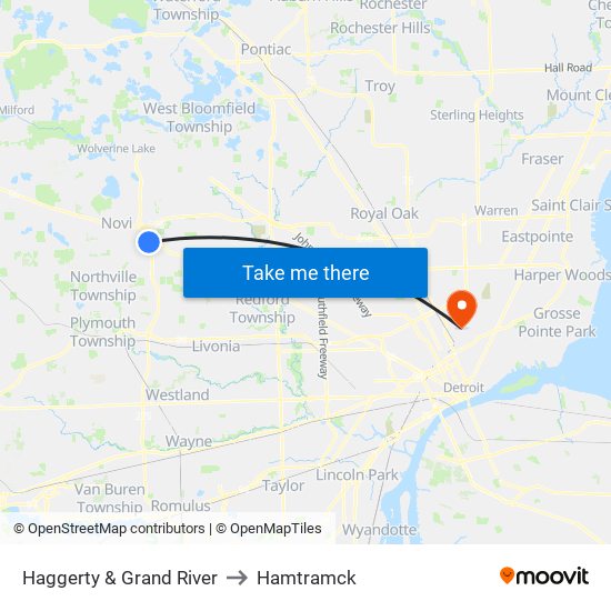 Haggerty & Grand River to Hamtramck map