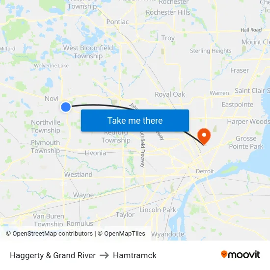 Haggerty & Grand River to Hamtramck map