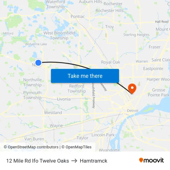 12 Mile @ Twelve Oaks to Hamtramck map