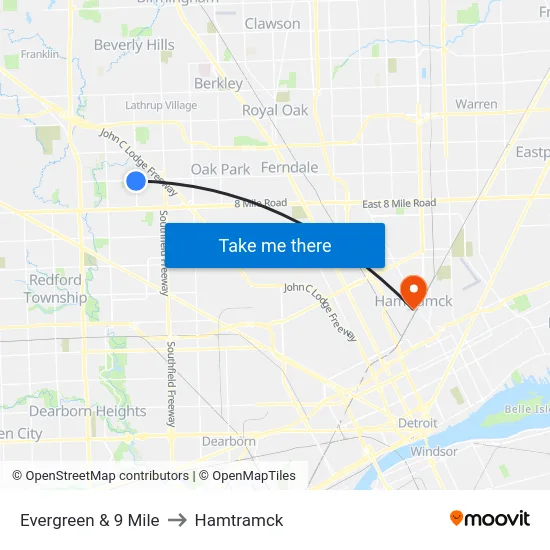 Evergreen & 9 Mile to Hamtramck map